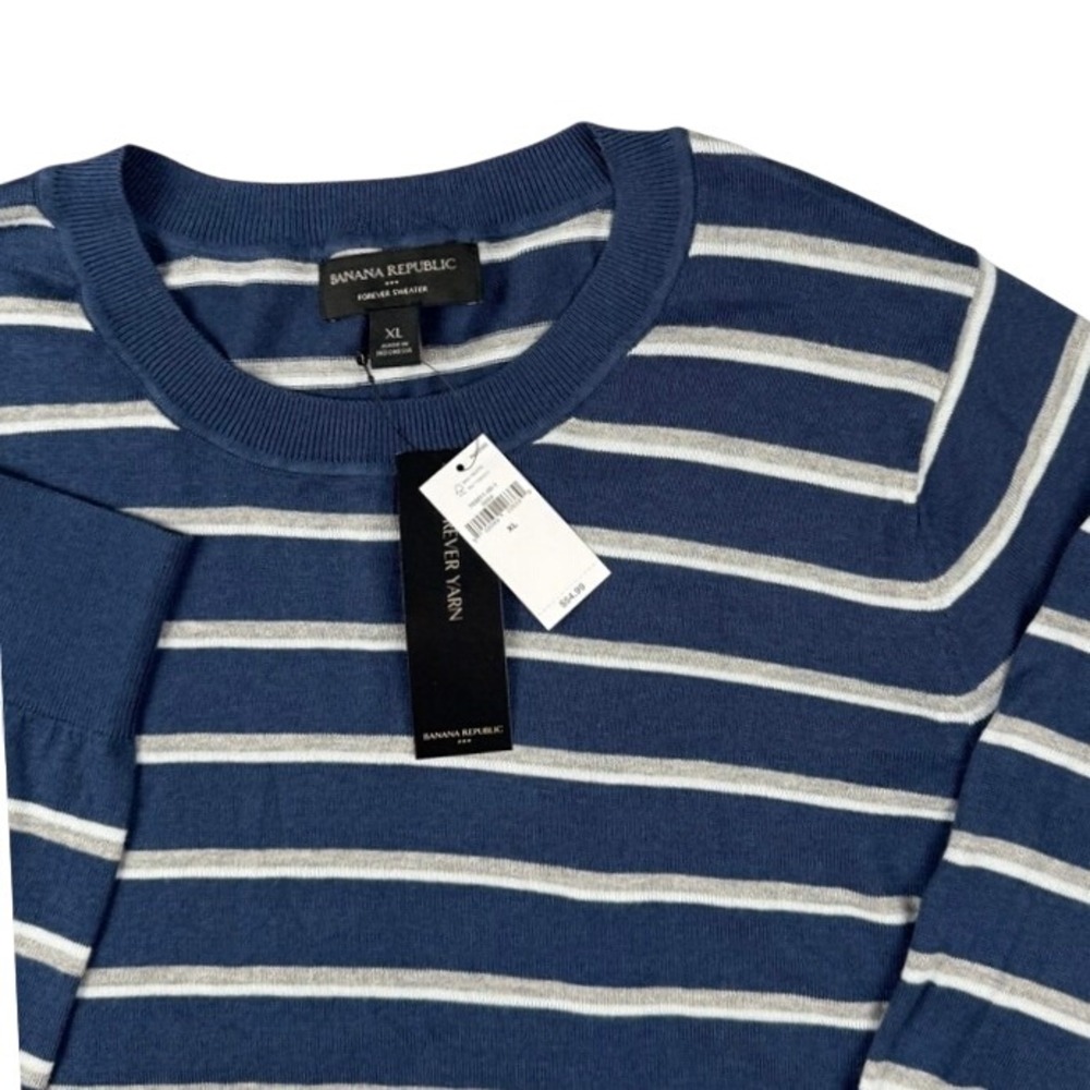 Banana Republic Forever Sweater Mens XL Blue White Striped Crew Neck NWT 783911